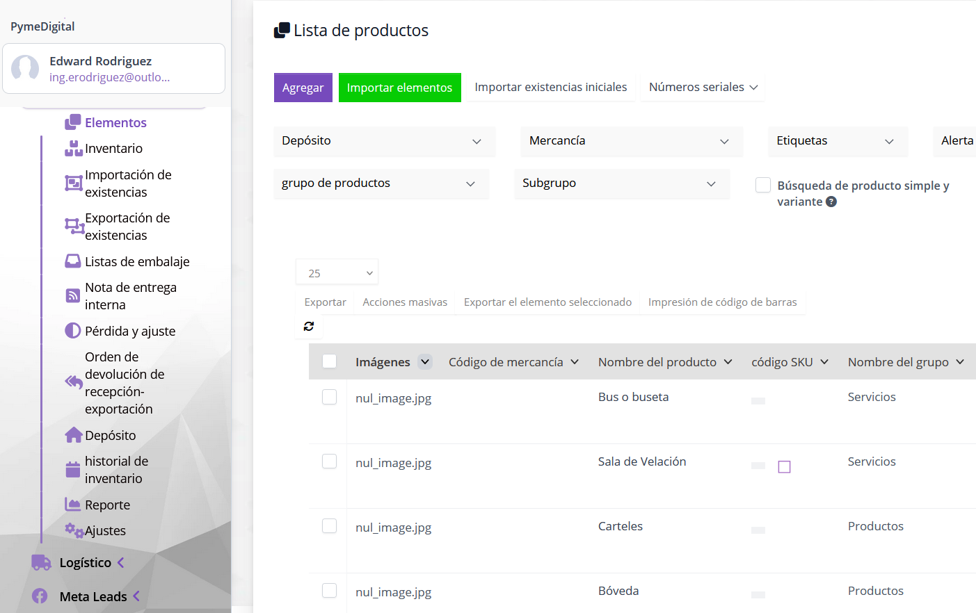 Inventario y productos